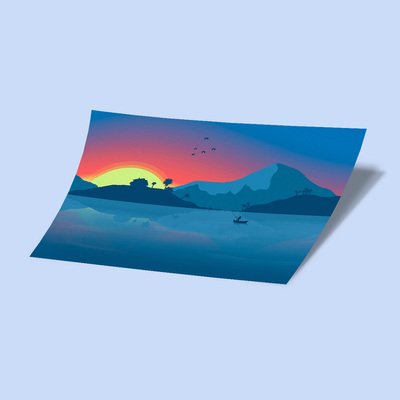 استیکر minimalist mountains, sunset and boat